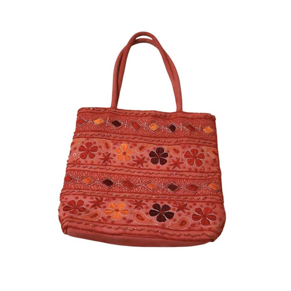 Vintage Salmon Red Pink Embroidered Floral Beaded Tote Bag Boho Festival